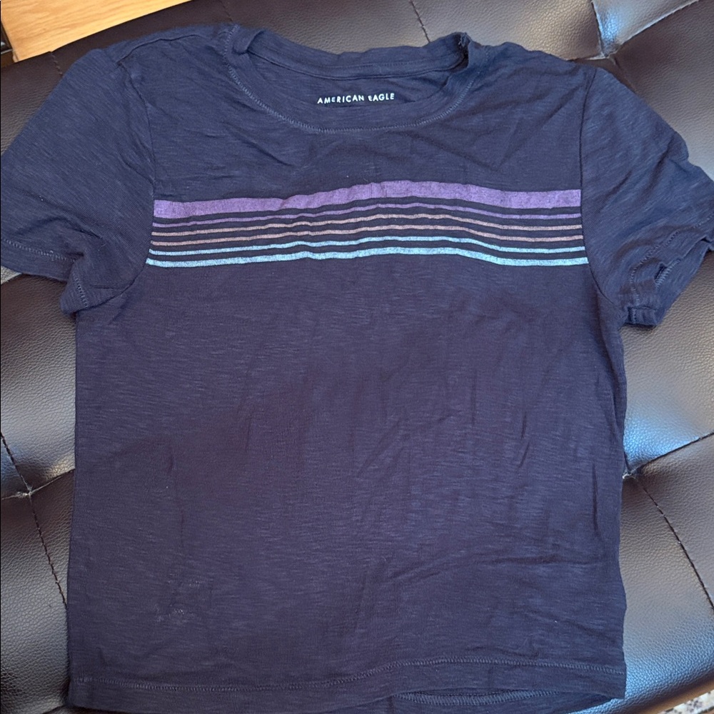 American Eagle Outfitters Navy T-Shirt with Purple and Light Blue Stripes